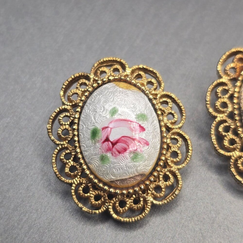 VTG Coro Rose Guilloche Bracelet & Clip-On Earrings Set Gold Tone Filigree - Picture 3 of 12